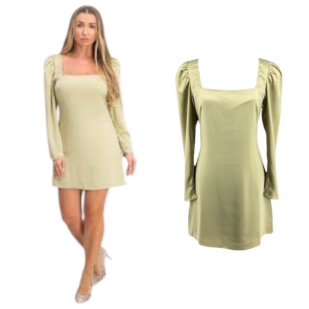 NWT $99 Danielle Bernstein Square Neck Long Sleeve Light Green Mini Dress 0125